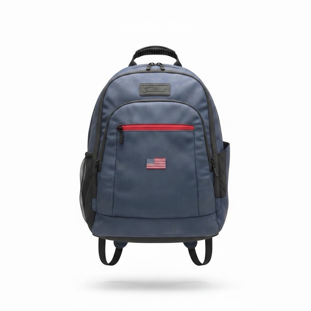 Titleist Blue/Red Backpack USA Flag Patch Zip Closure Padded Straps Pockets